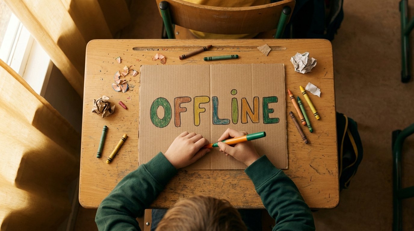 Kinderhände gestalten ein OFFLINE-Plakat